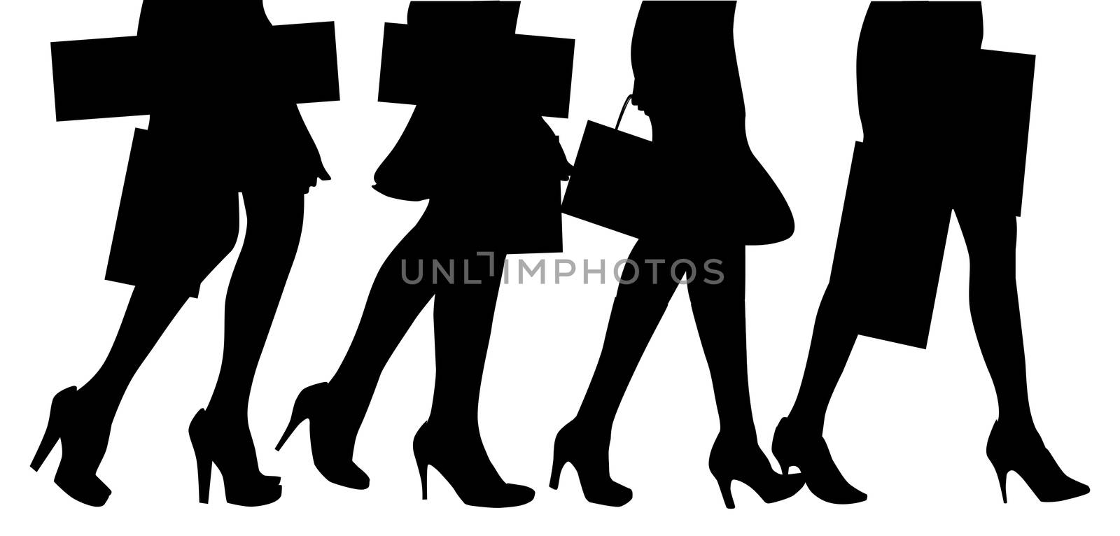 A collection of female legs walkig away from the sales parcels and bags