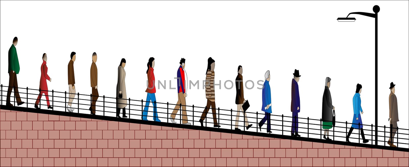 A group of people walkinh home from work or shopping down a slope.