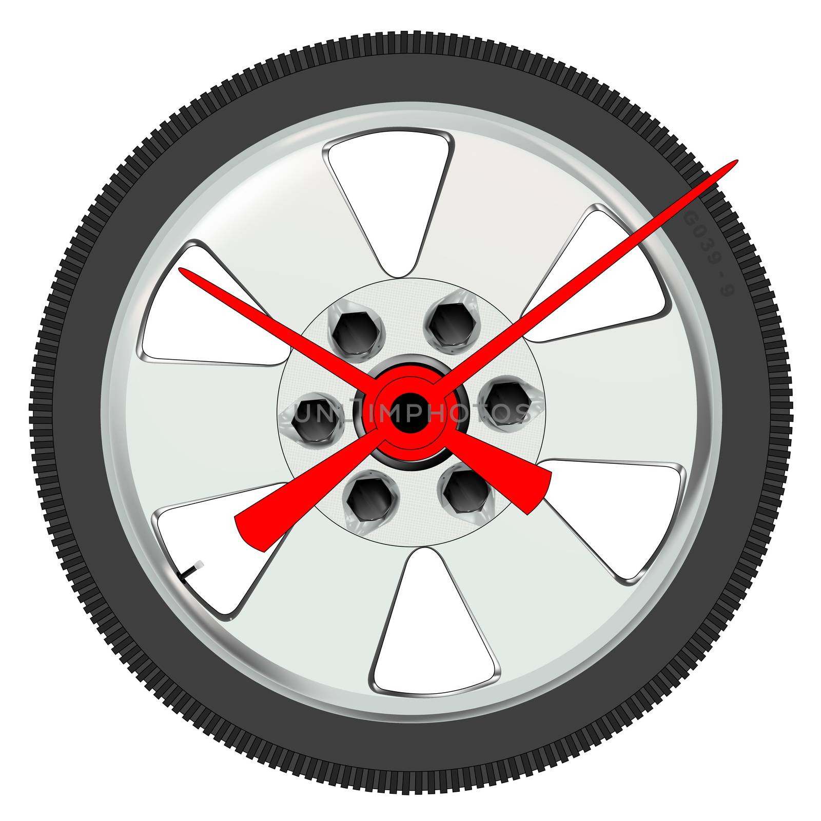 A low prifile auto tyre and wheel as a clock face.