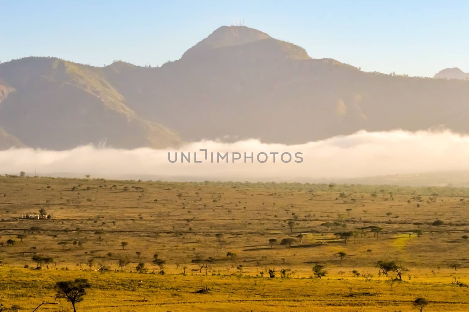 Rise of mist on the savanna and mountains  by Philou1000