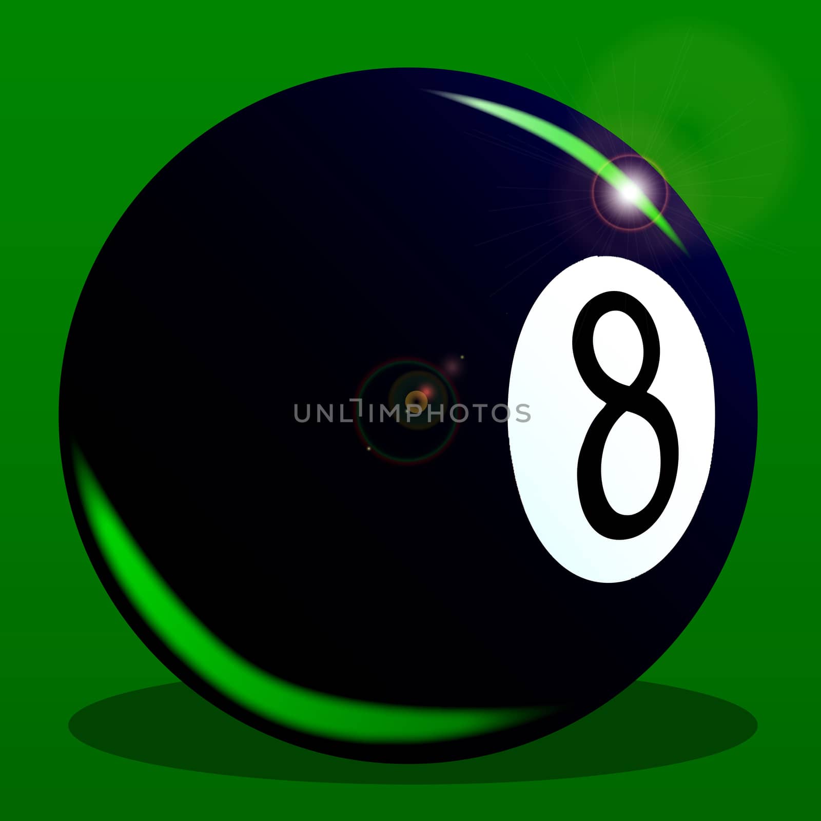 The eight ball from a pool set on a green background.