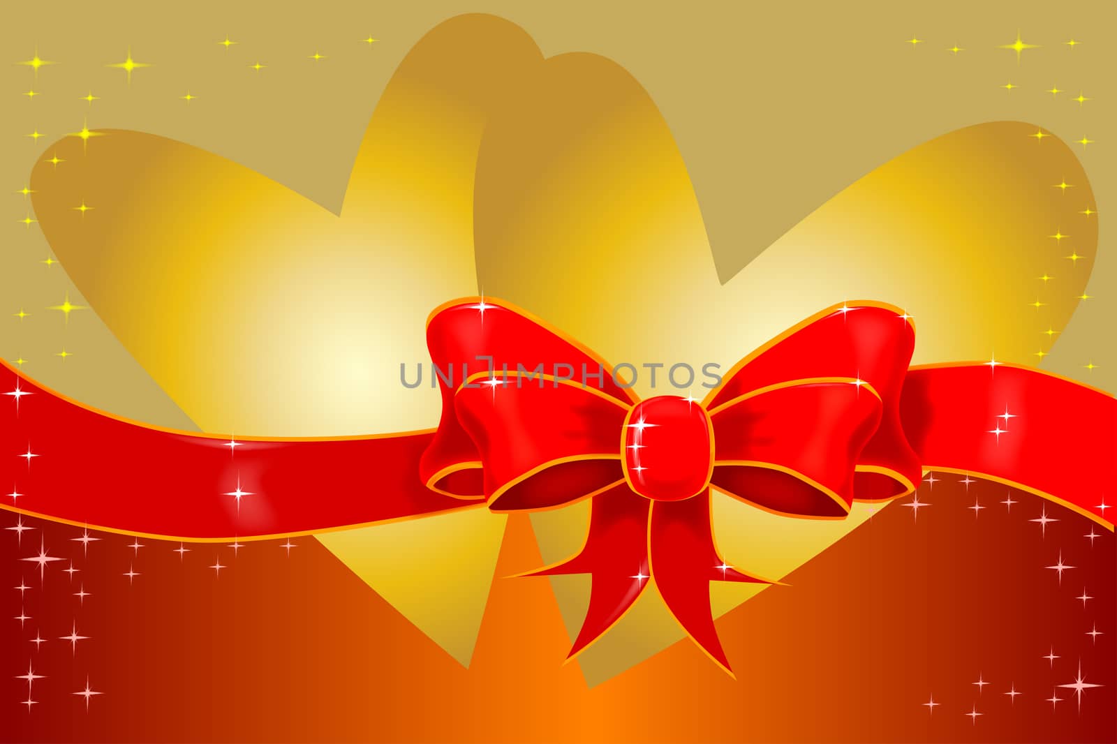 A large silk ribbon tied into a bow with a red and gold background supplemented two golden hearts