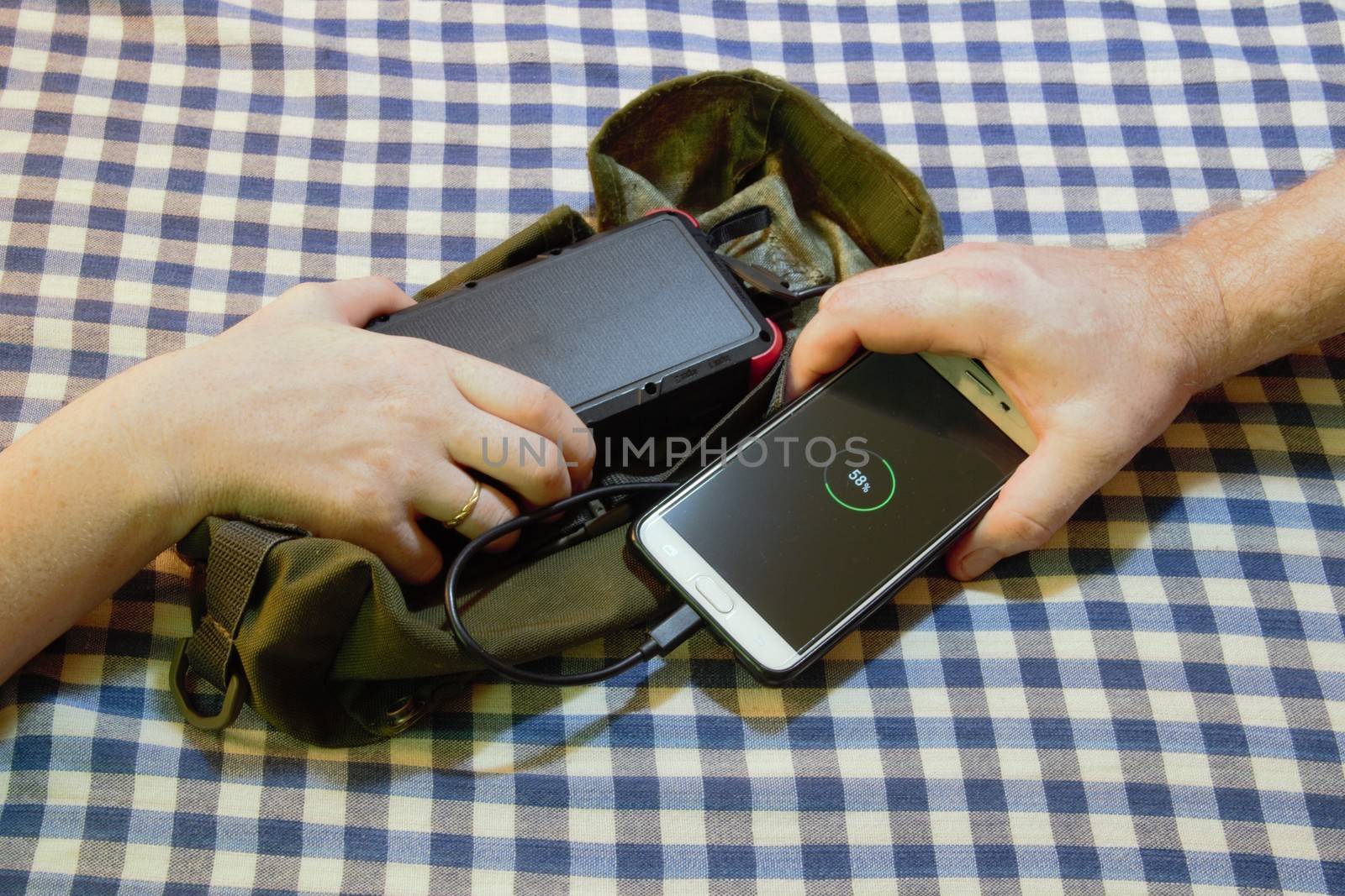 army survival pouch for bushcraft solar power bank helping someone charge there phone