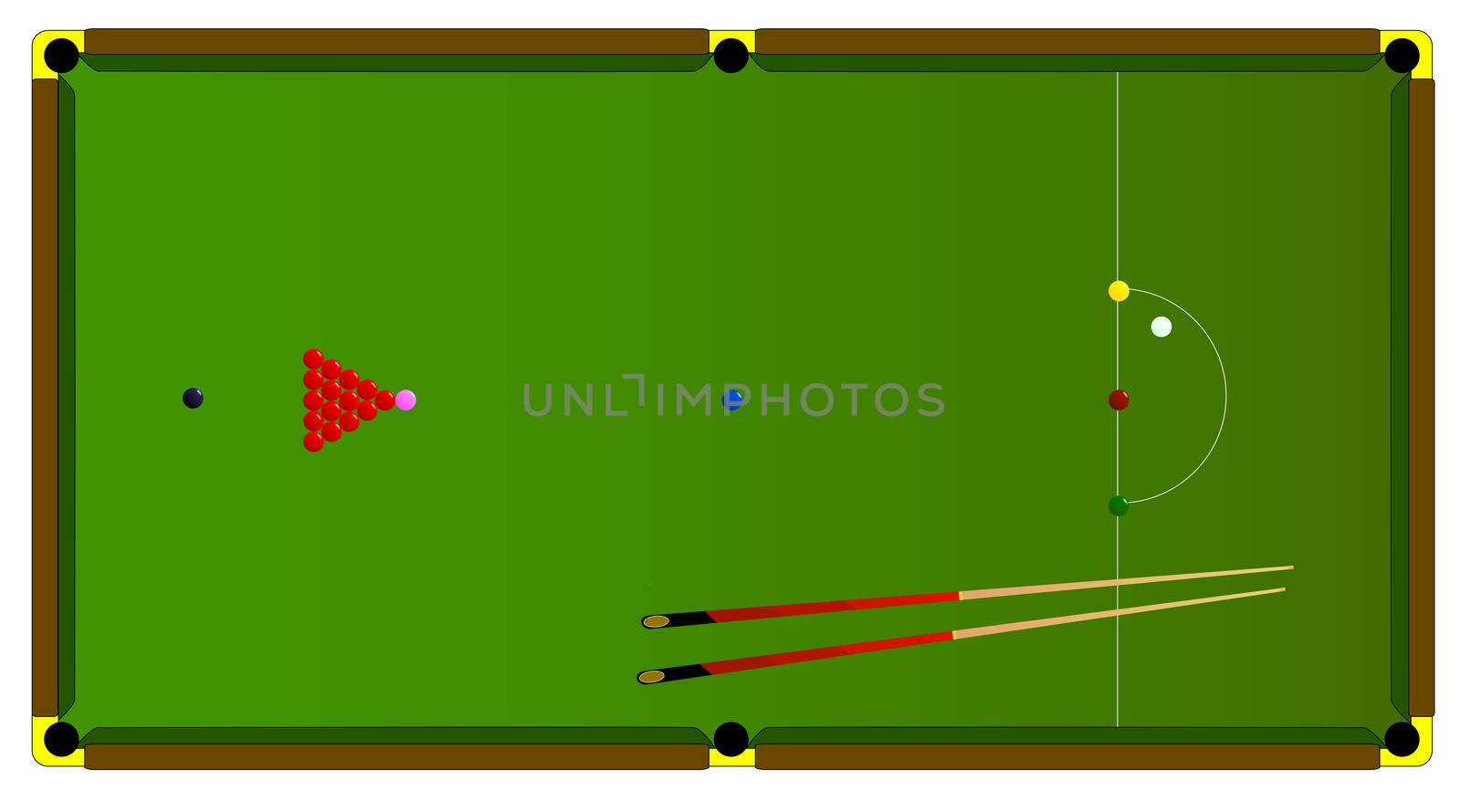A typical full size snooker table with balls and snooker cues.