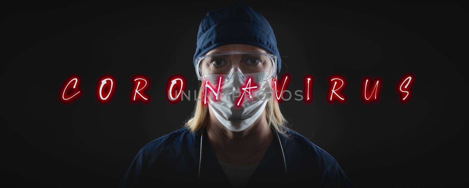 Banner of Female Doctor or Nurse In Medical Face Mask and Protective Gear With Coronavirus Text In Front. by Feverpitched