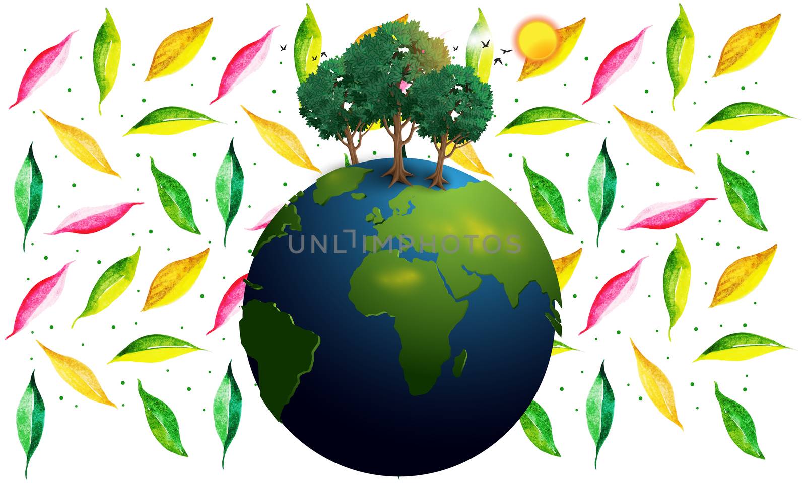 earth with green trees and sun effect on abstract leaves background