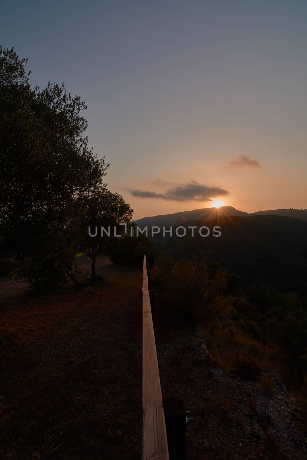 Wooden path to the sun in the mountain, Summer lights