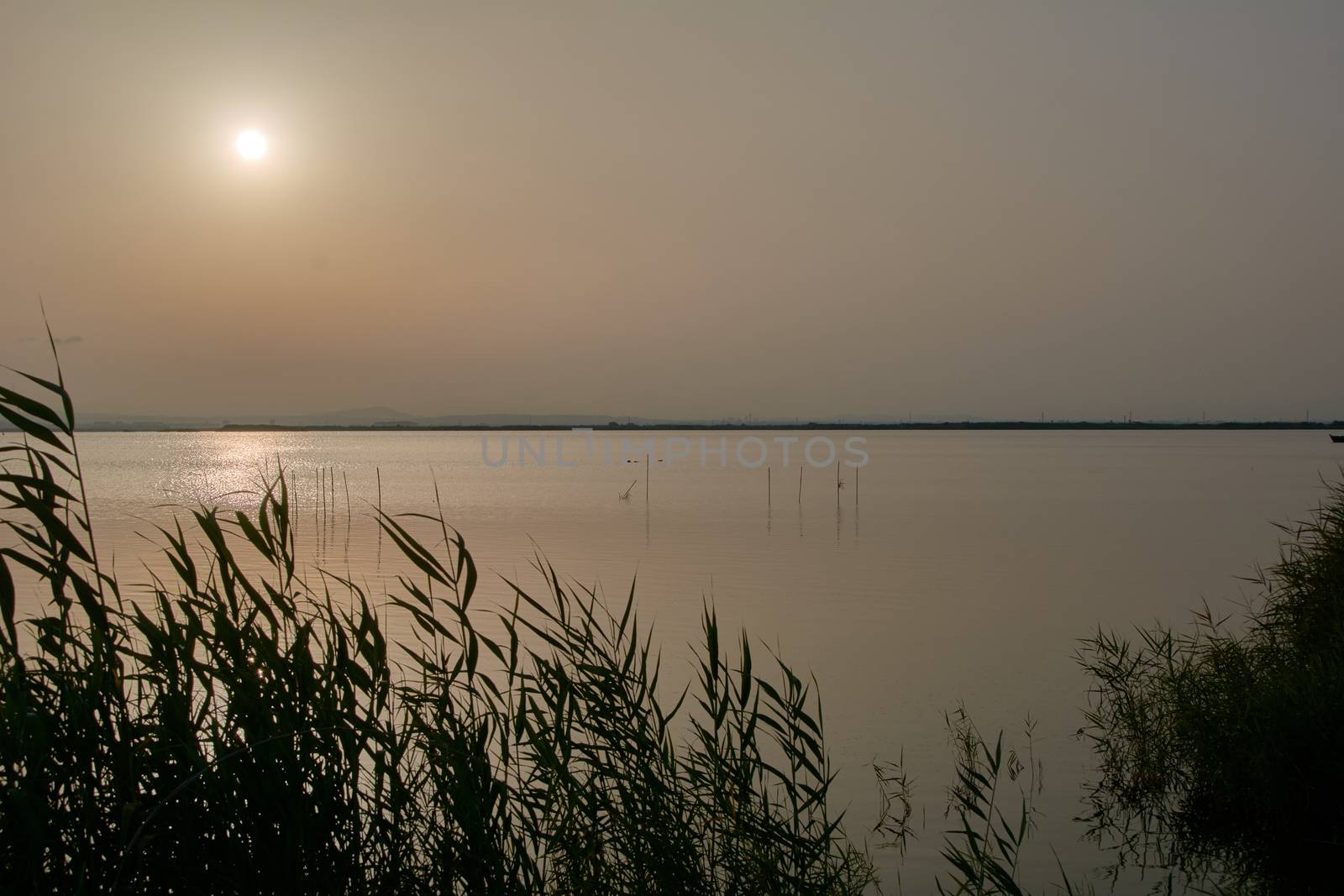 Reflections of the sunset in the lagoon. Sunset lights