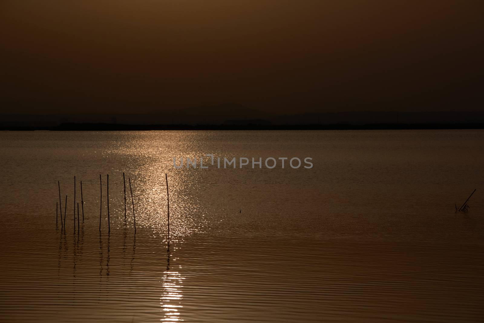 Reflections of the sunset in the lagoon. Sunset lights