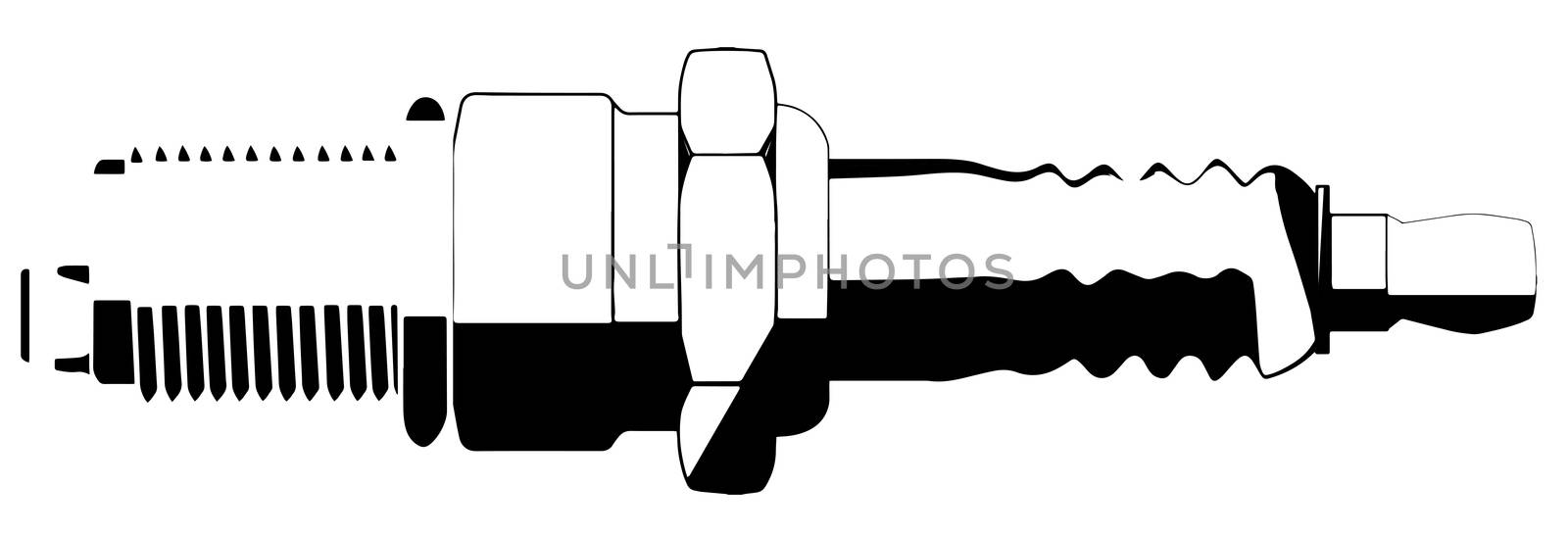 A black and white drawing of a spark plug isolated on a white background