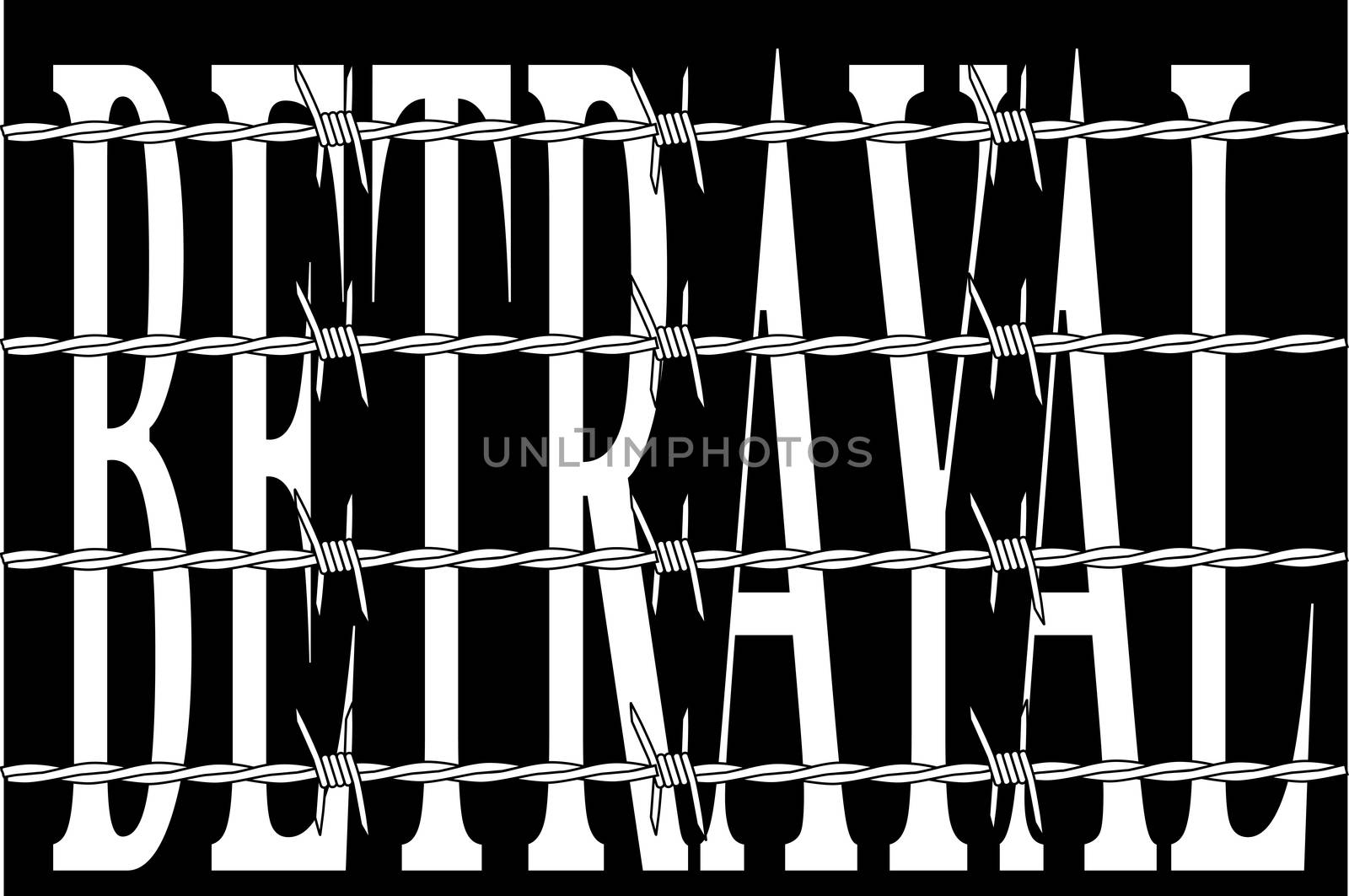 The word BETRAYAL behind a barbed wire fence over a black background