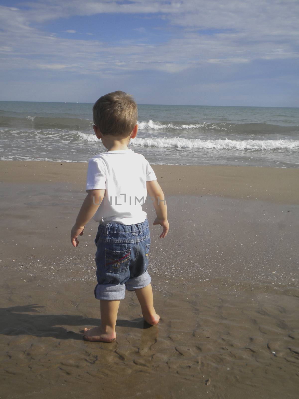 Little boy on the beach watching the sea. Colors of nature