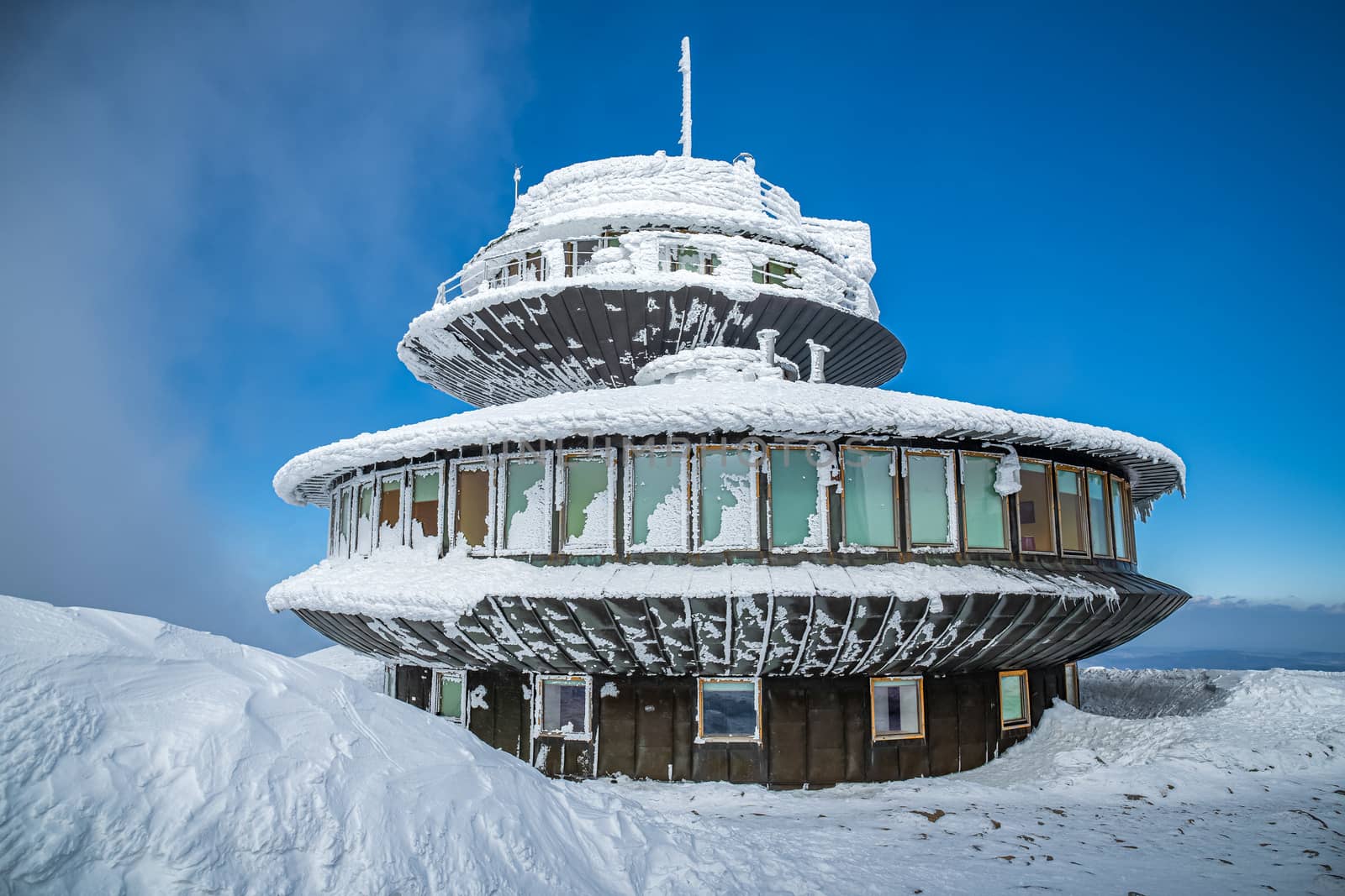 View of Polish Meteo Observatory on summit of Snezka mountain