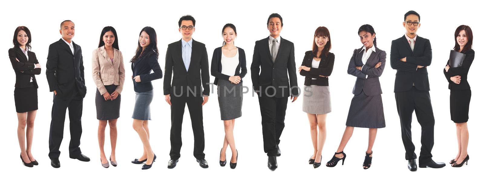 Full body diverse Asian business people and mixed age group, standing isolated on white background.
