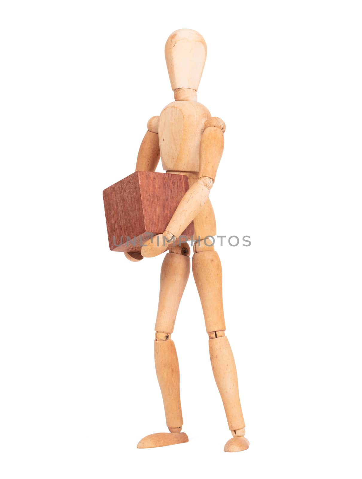 Wooden mannequin carrying a wooden hardwood block by michaklootwijk