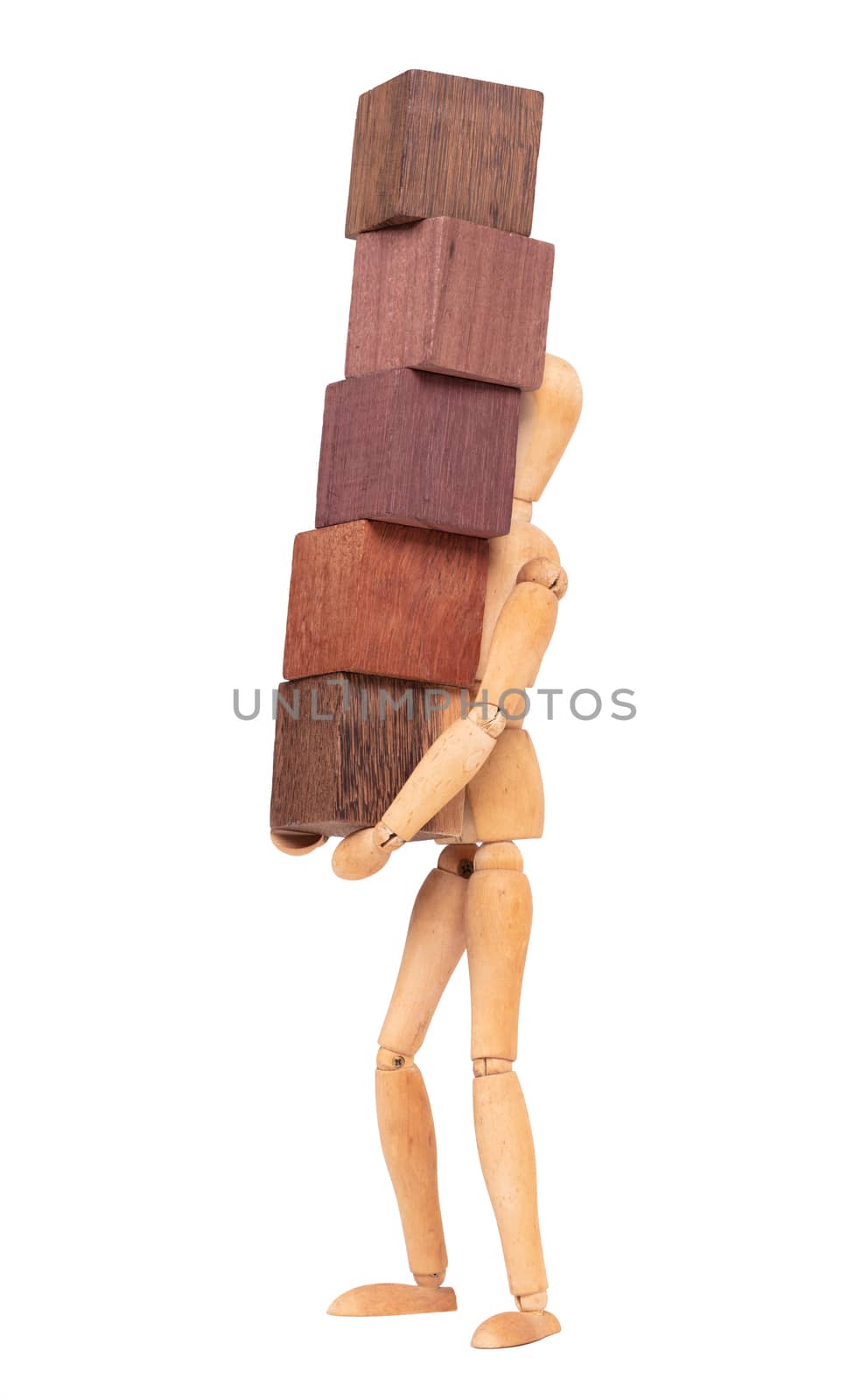 Wooden mannequin carrying wooden hardwood blocks, isolated on white