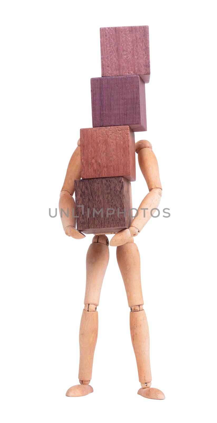 Wooden mannequin carrying wooden hardwood blocks by michaklootwijk