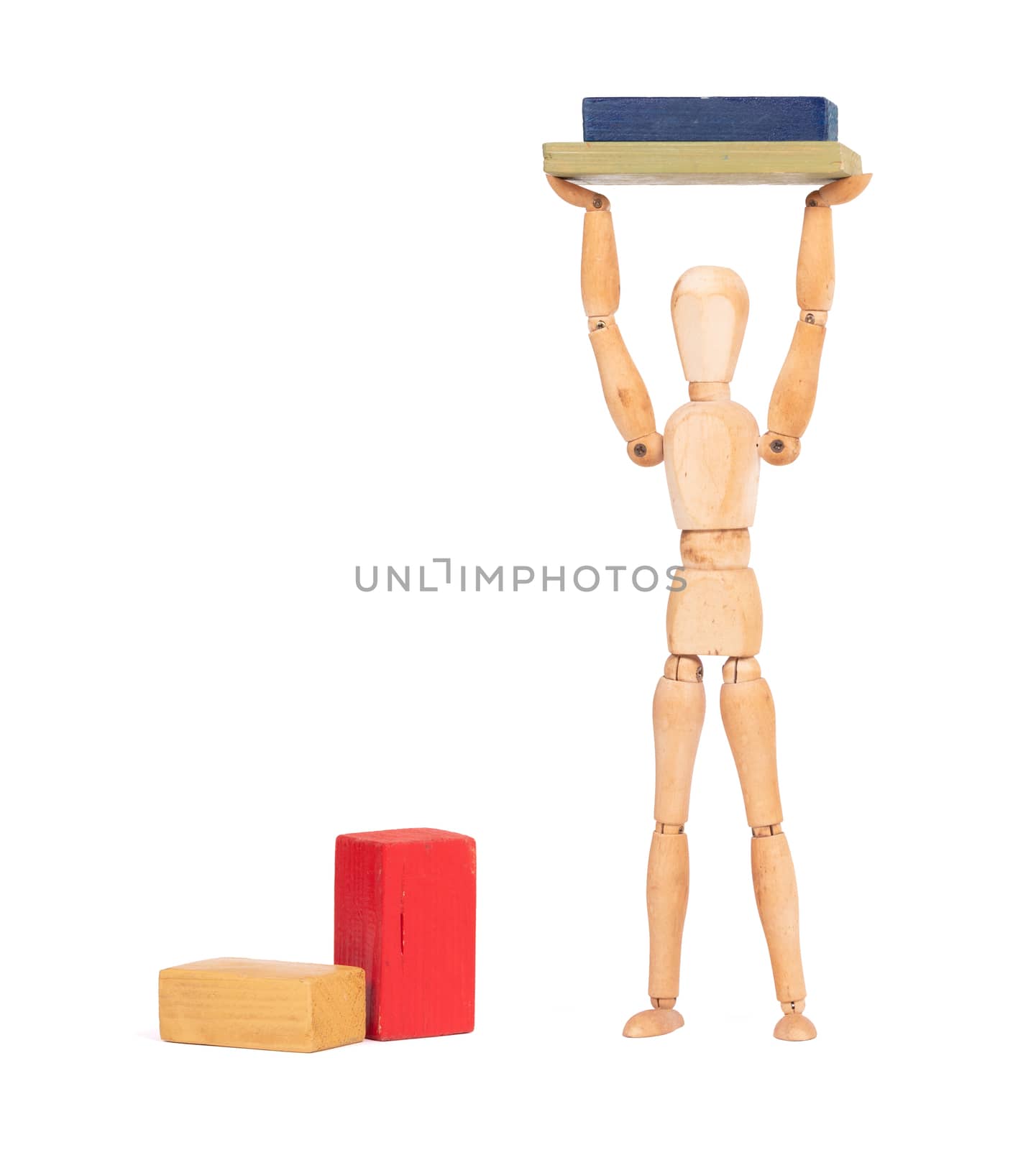 Wooden mannequin carrying wooden blocks by michaklootwijk