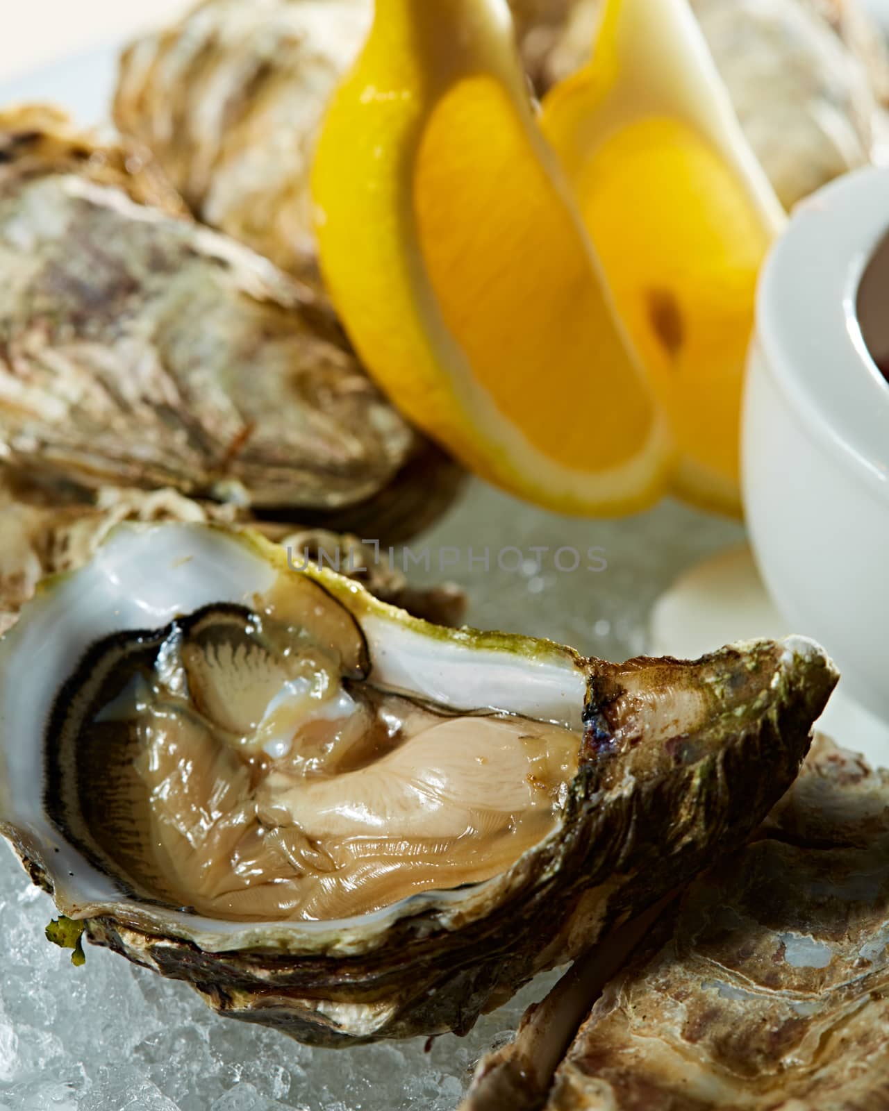 Opened fresh oysters with lemon on dish. Shallow dof by sarymsakov