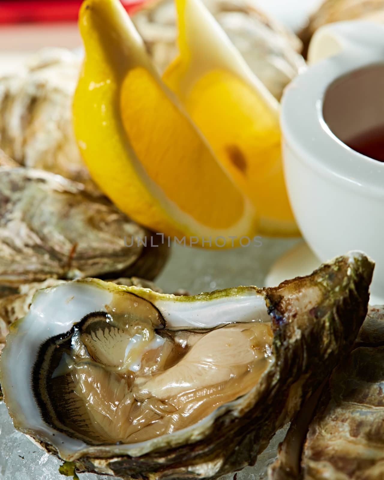 Fresh oysters on ice with lemon close up. Shallow dof