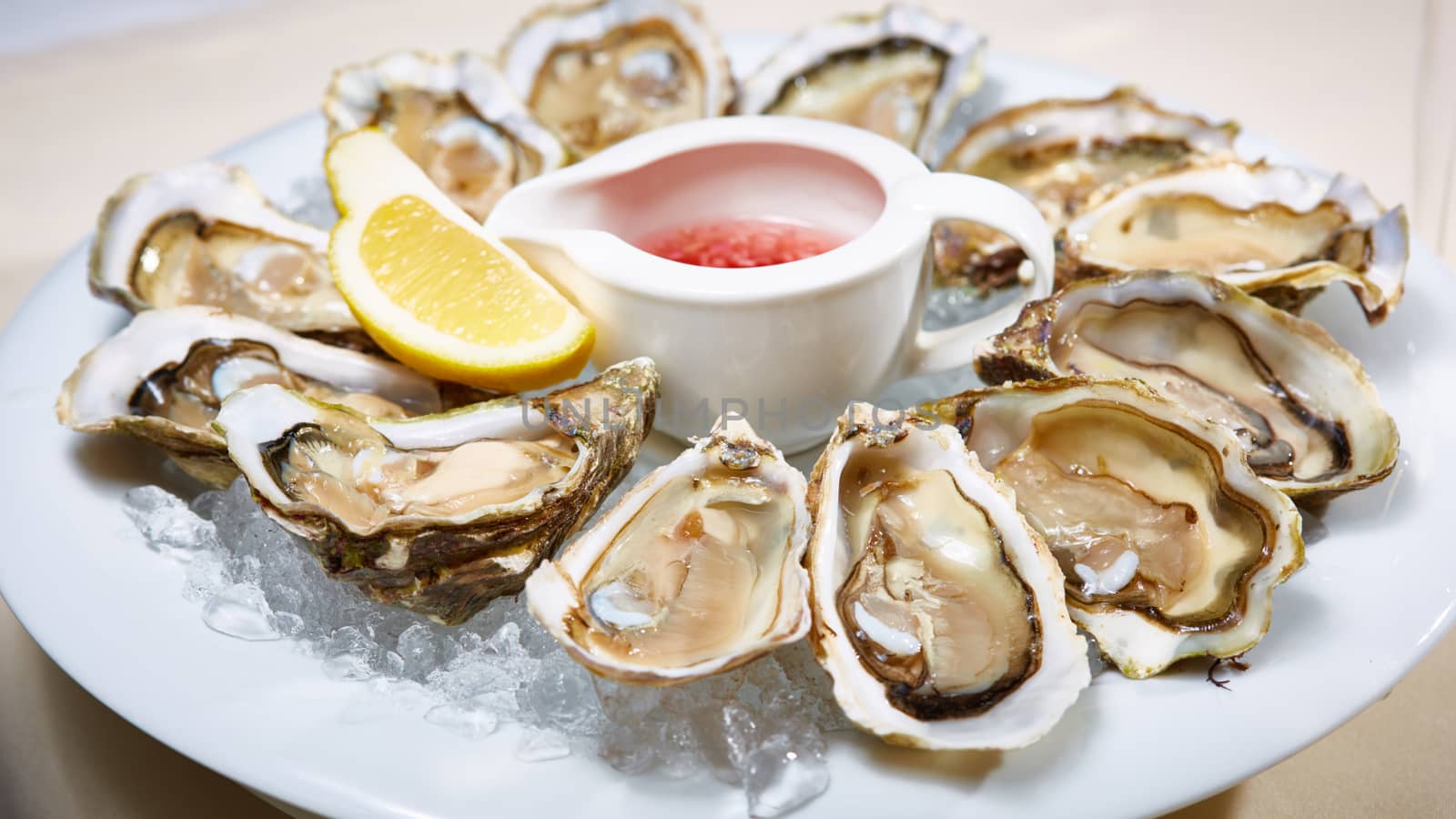 Fresh oysters on ice with lemon close up. Shallow dof