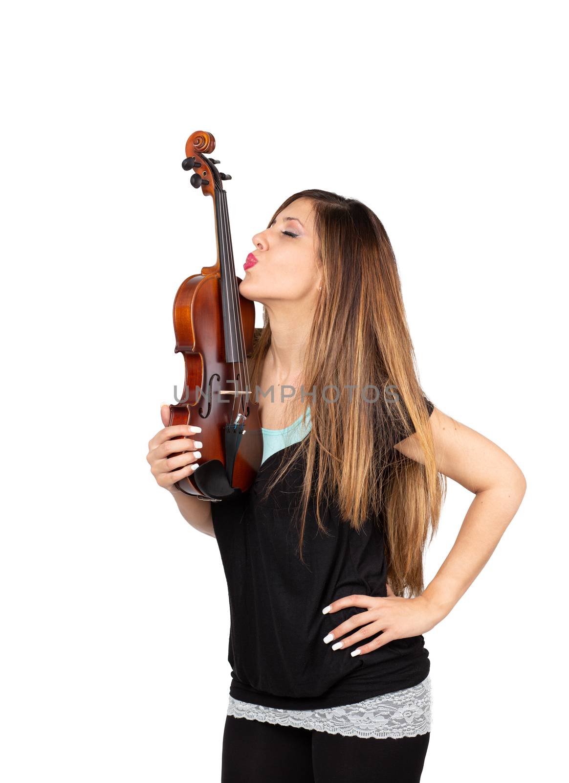 beautiful woman kissing her violin isolated