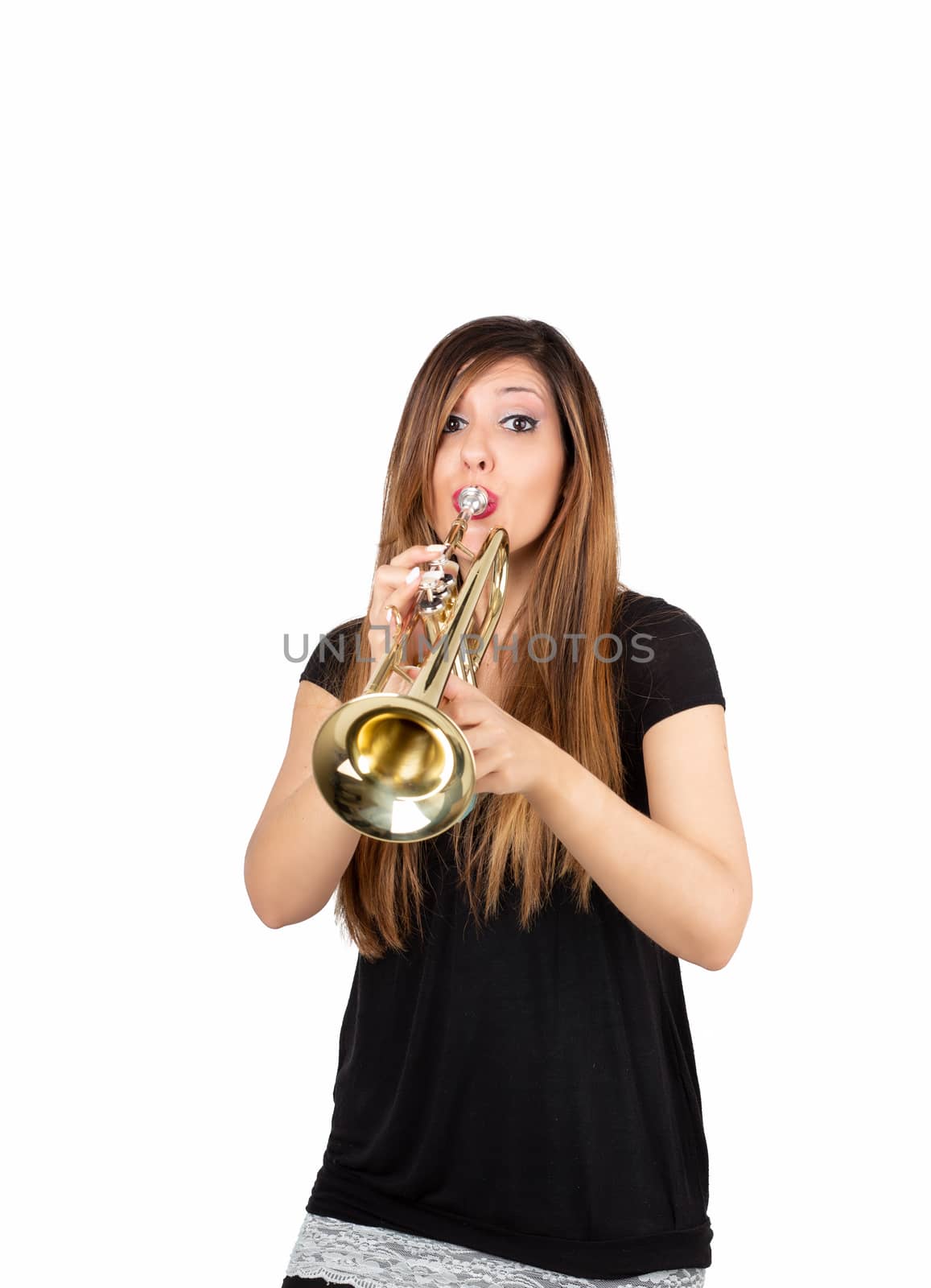 Funny woman holding trumpet isolated on withe background