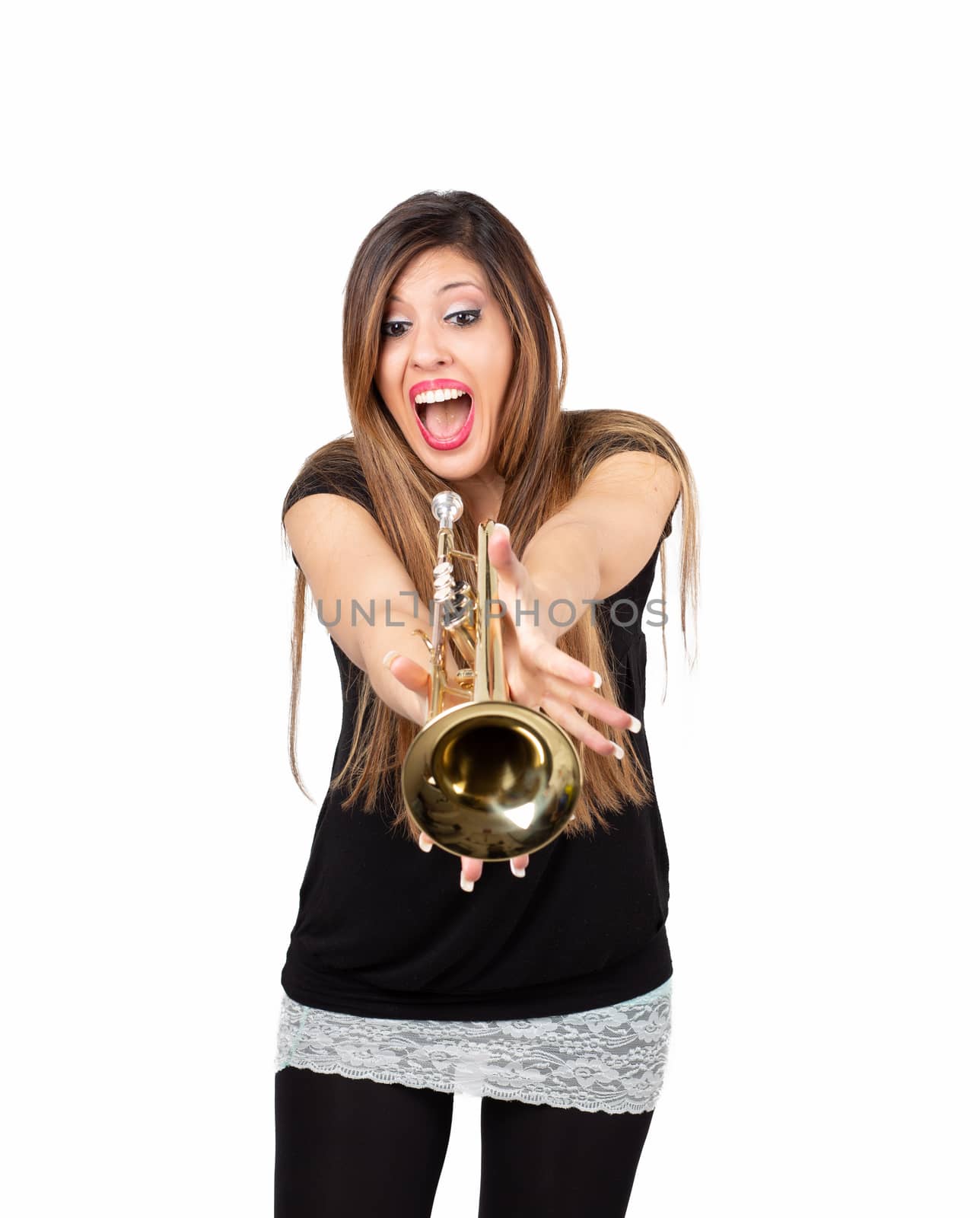 Funny woman holding trumpet isolated on withe background