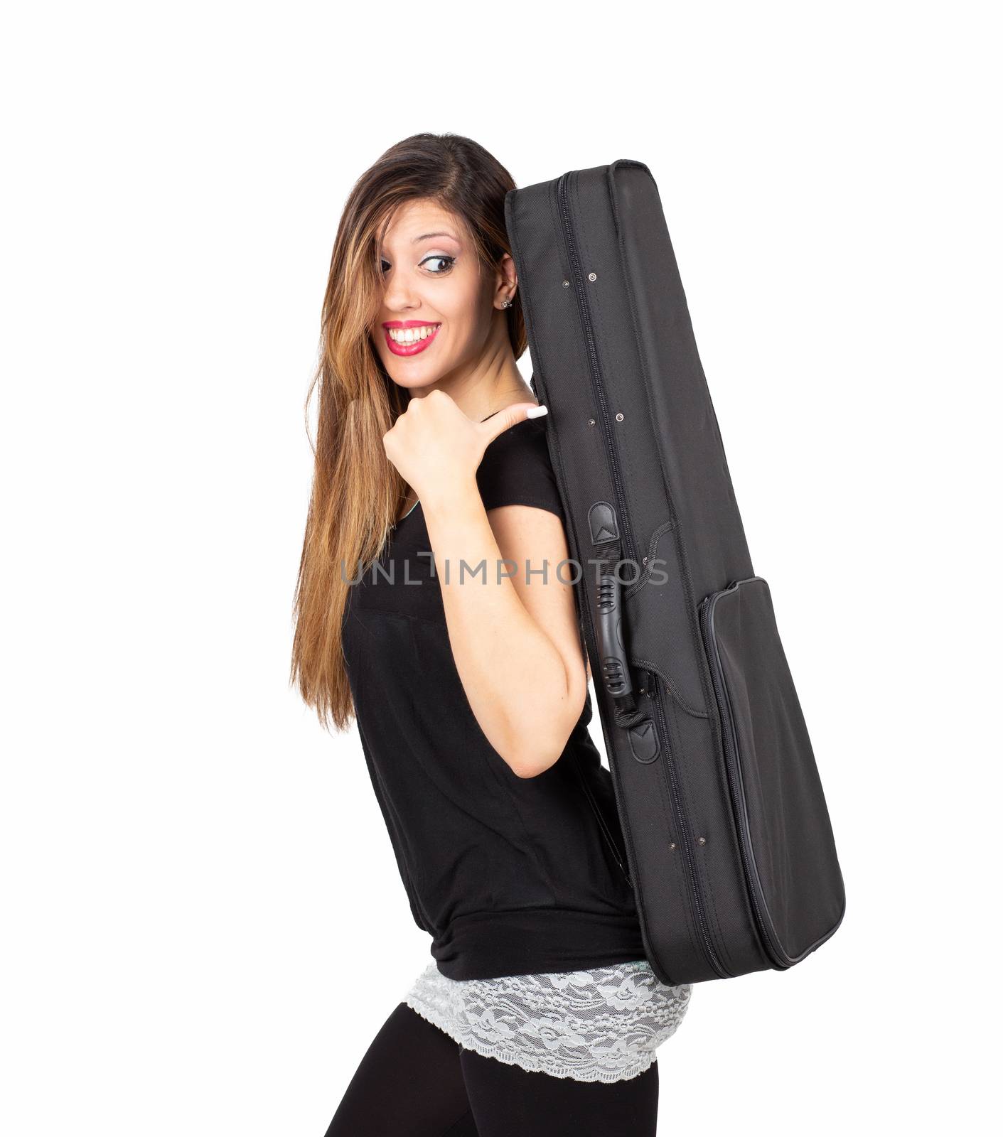 musician student girl with her instrument case