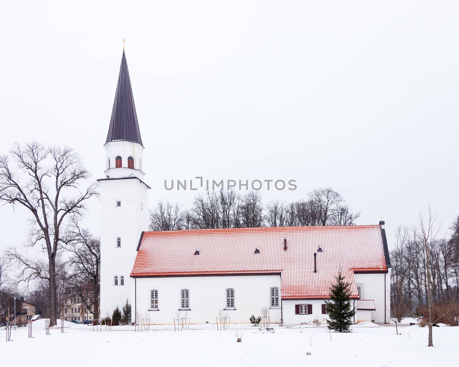 Sigulda is a town in Latvia and the church is pictured on a winter day.