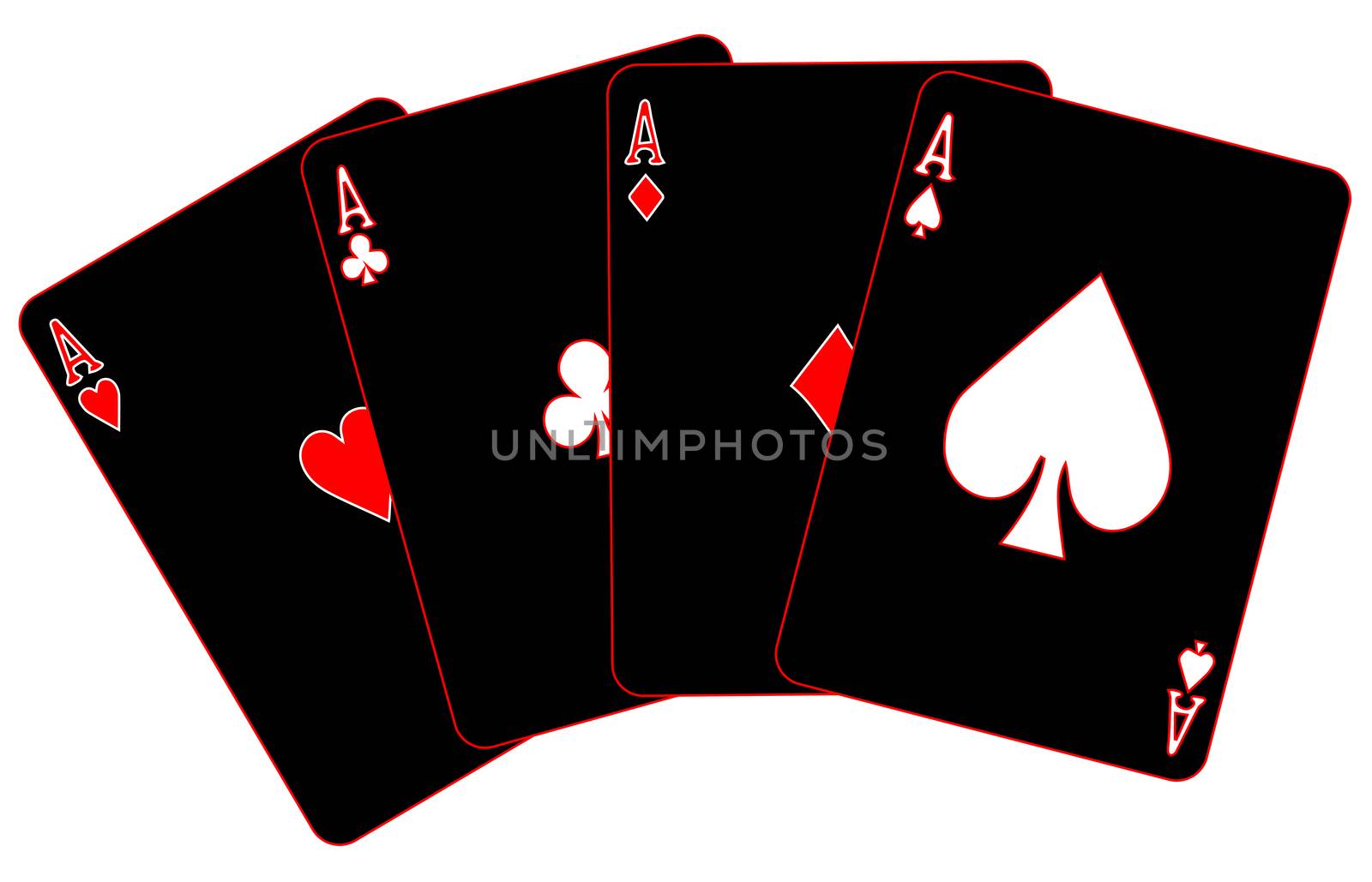 The four aces on black with red trim all isolated on a white background