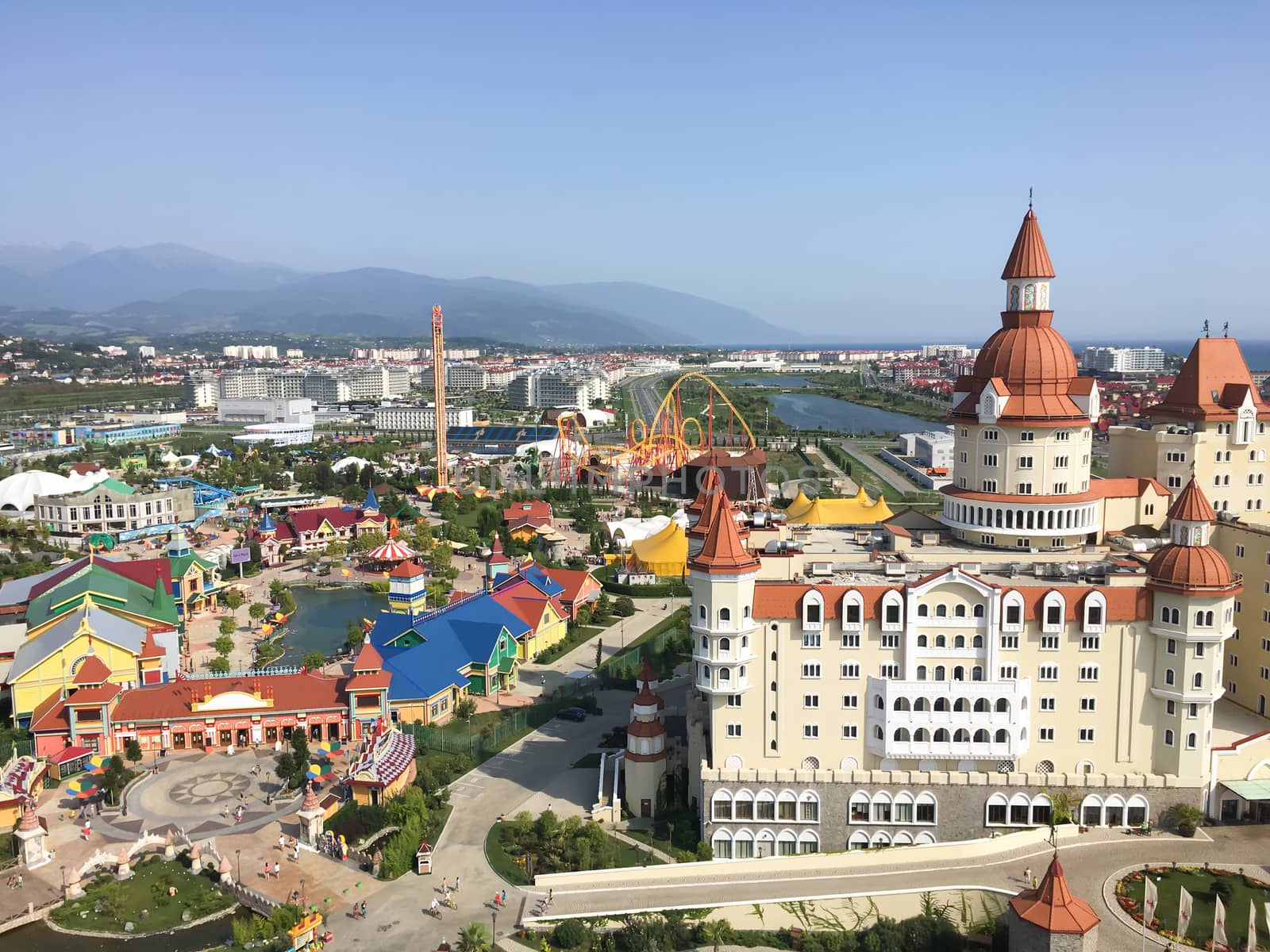 Sochi park buildings and villages on top view on sunny day
