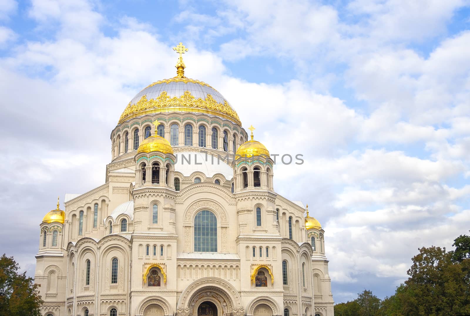 Beautiful nicholas the wonderworker's church on Anchor square in kronstadt town Saint Petersburg. Naval christian cathedral church in russia with golden dome, unesco architecture at sunny day