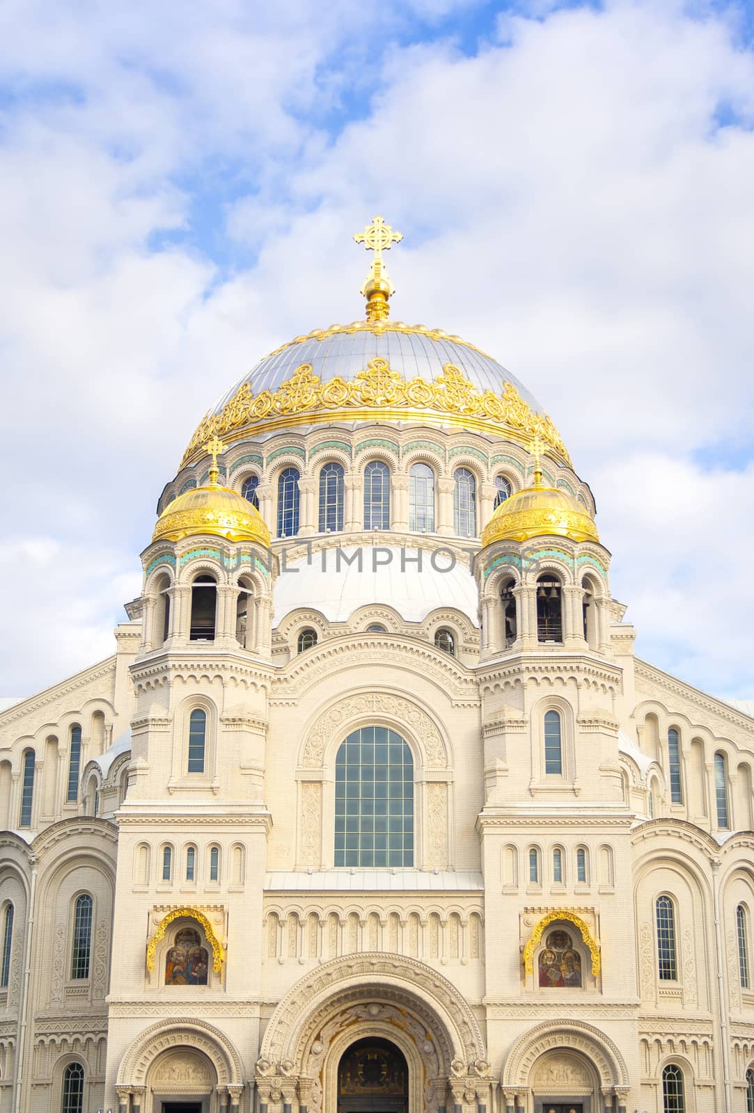 Nicholas the wonderworker's church on Anchor square in kronstadt town Saint Petersburg. Naval christian cathedral church in russia with golden dome, unesco architecture at sunny day, vertical photo