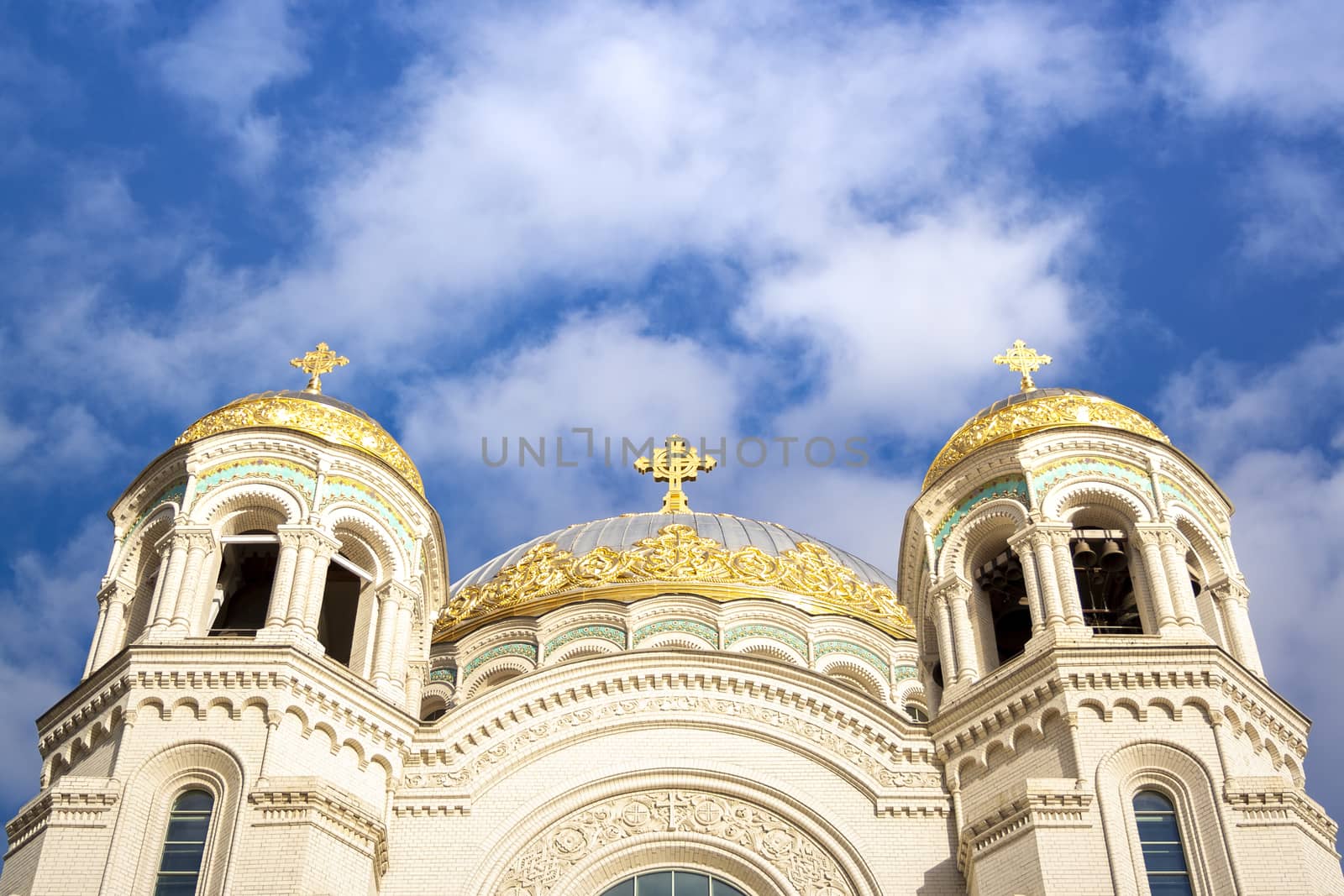 Nicholas the wonderworker's church on Anchor square in kronstadt town Saint Petersburg. Naval christian cathedral church in russia with golden dome, unesco architecture at sunny day