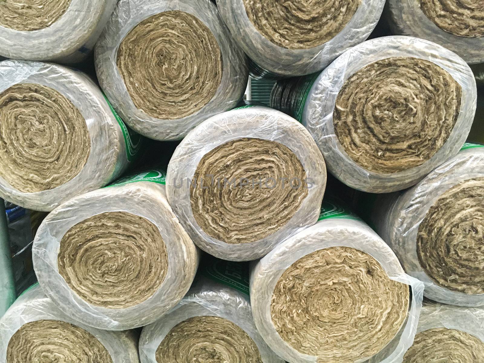 Many mineral wool bundles background. Insulation floor and walls concept