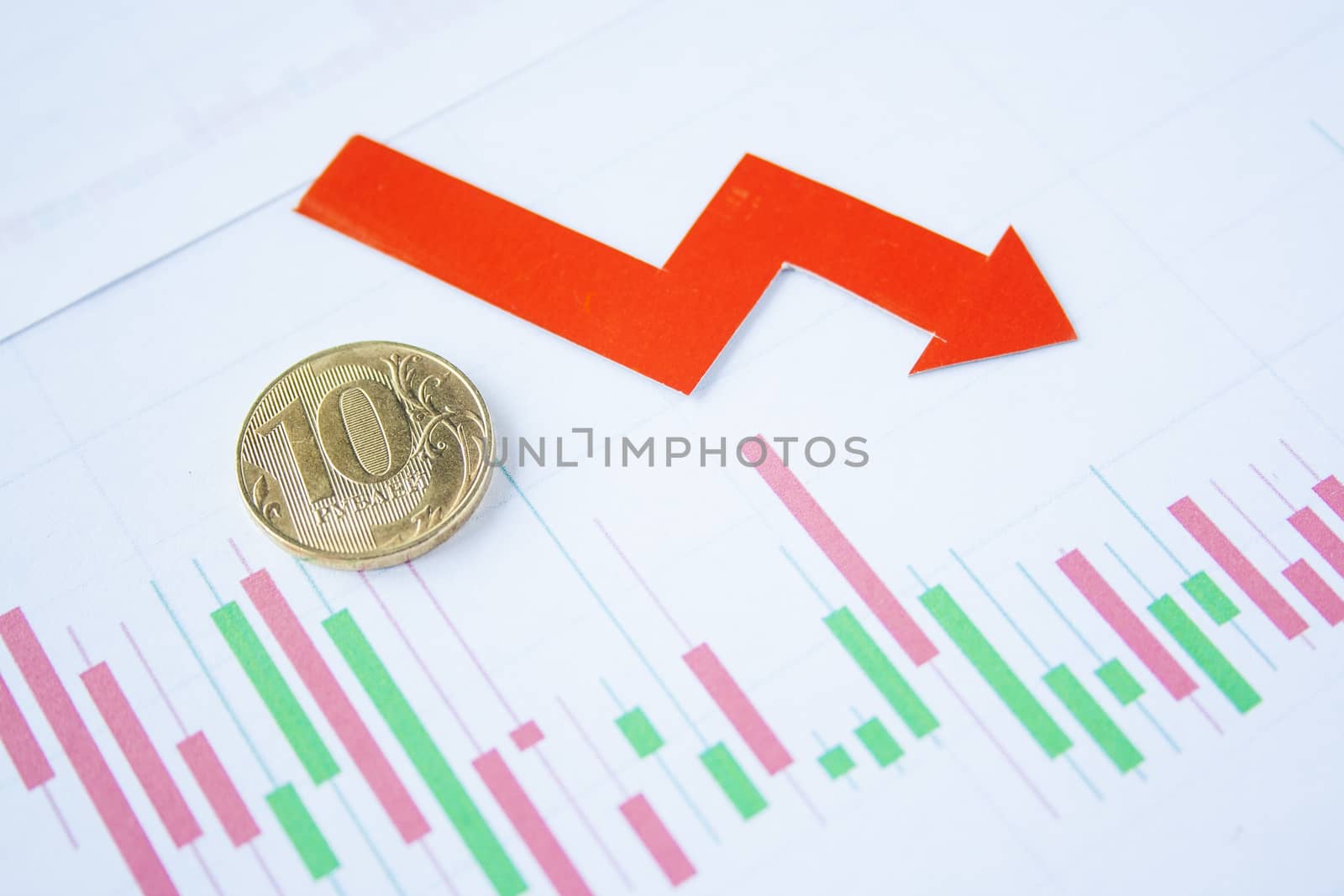 ten rouble coin on currency graph with red arrow down. exchange rate chart. ruble depreciation. Exchange rate of rouble fall. Rouble to dollar