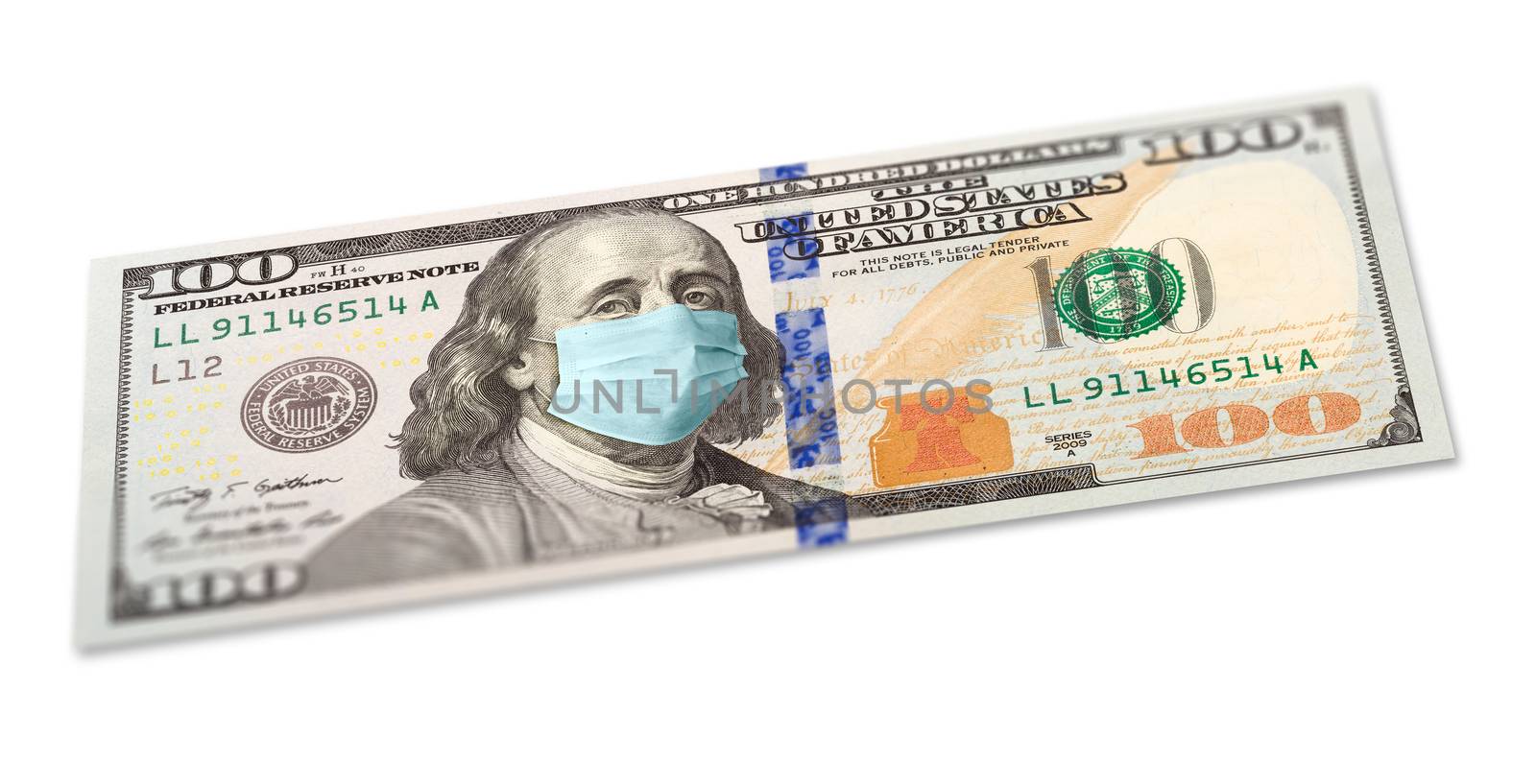 Full 100 Dollar Bill With Concerned Expression Wearing Medical Face Mask on White. by Feverpitched