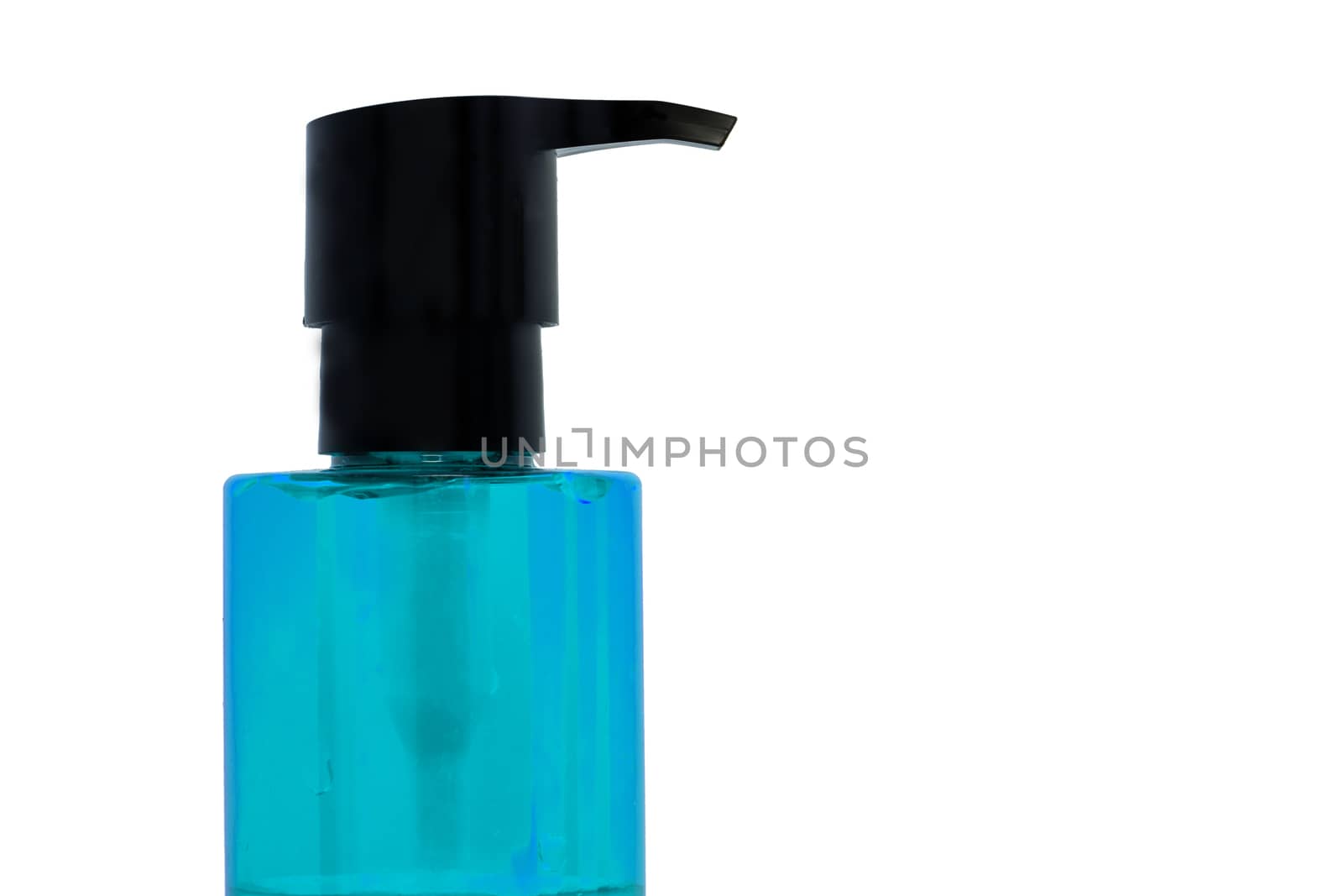 Blue alcohol sanitizer gel bottle isolated on white background for washing to protect infection and kill Covid-19 virus. by peerapixs