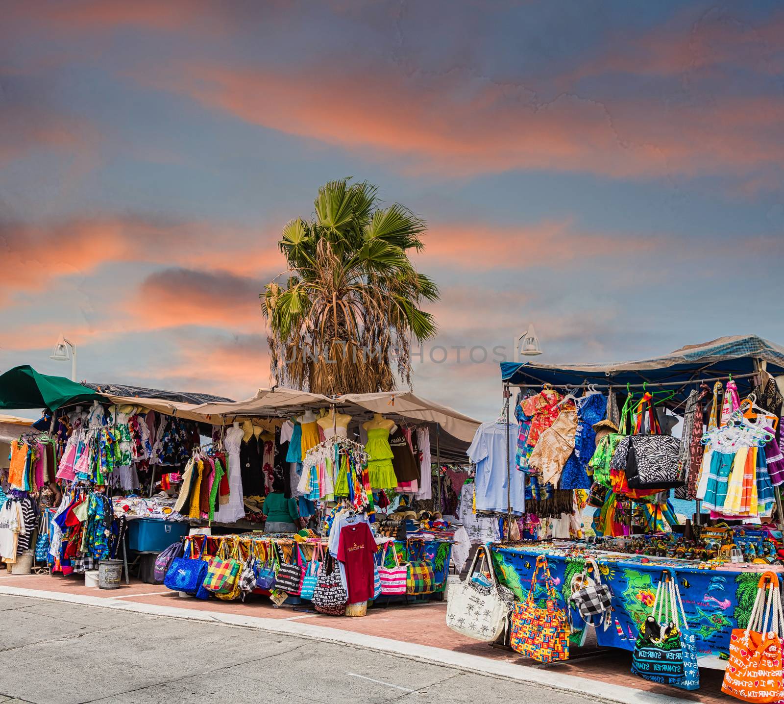 Tropical Bags and Shirts in a Market at Sunset by dbvirago