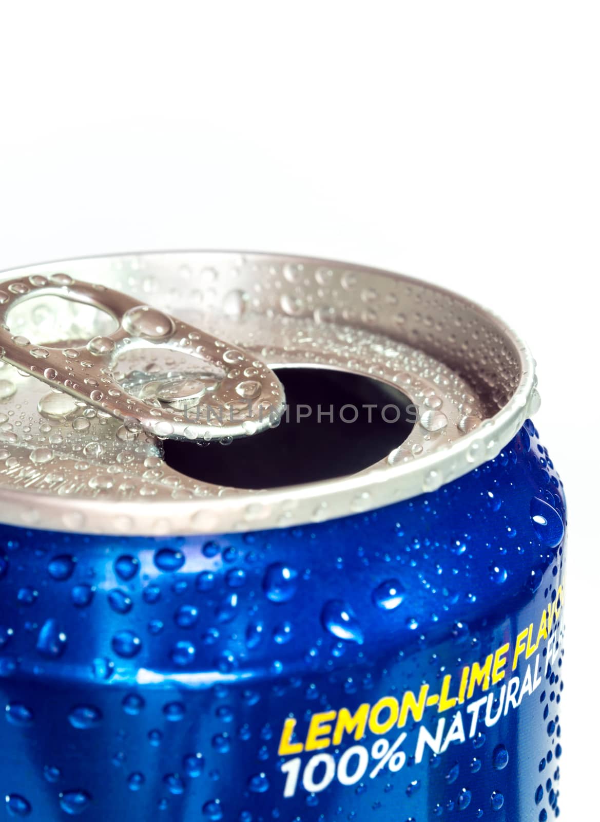 Condensation refreshing water droplets on the fresh cold soft drink can surface