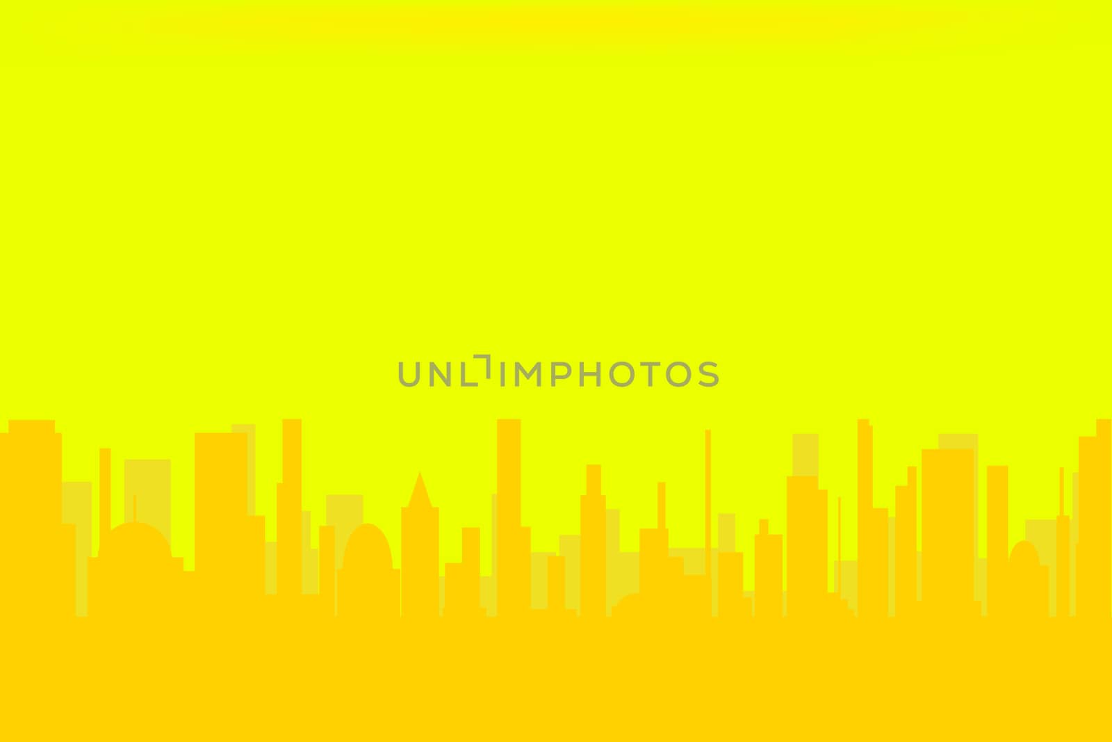 A yellow cityscape silhouette against a yellow sky.