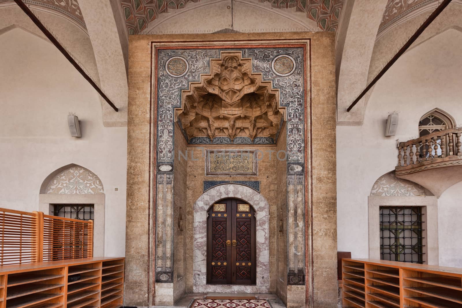 Sarajevo, Bosnia and Herzegovina - 27 February 2019: The ornate wood carved door of a Muslim of Gazi Husrev-beg