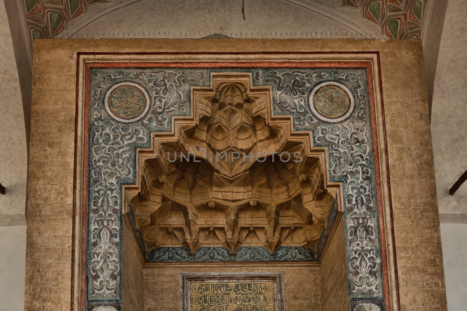 Sarajevo, Bosnia and Herzegovina - 27 February 2019: The ornate wood carved door of a Muslim of Gazi Husrev-beg