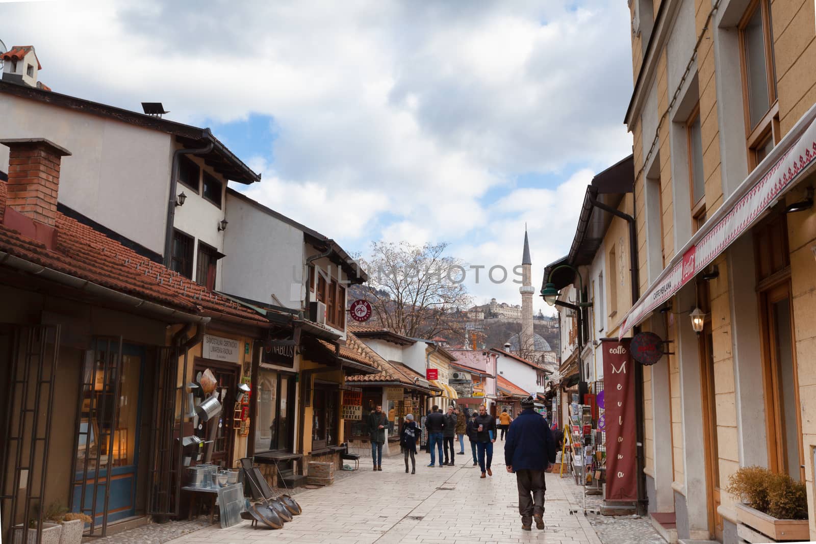 Sarajevo, Bosnia and Herzegovina - 27 February 2019: old town showing commerce at curciluk veliki street