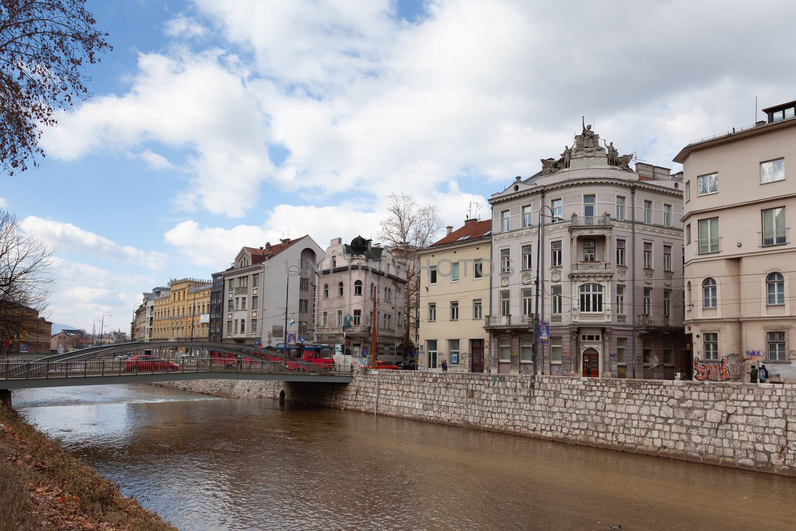 Sarajevo, Bosnia and Herzegovina - 27 February 2019: Obala Kulina bana, architecture of Sarajevo