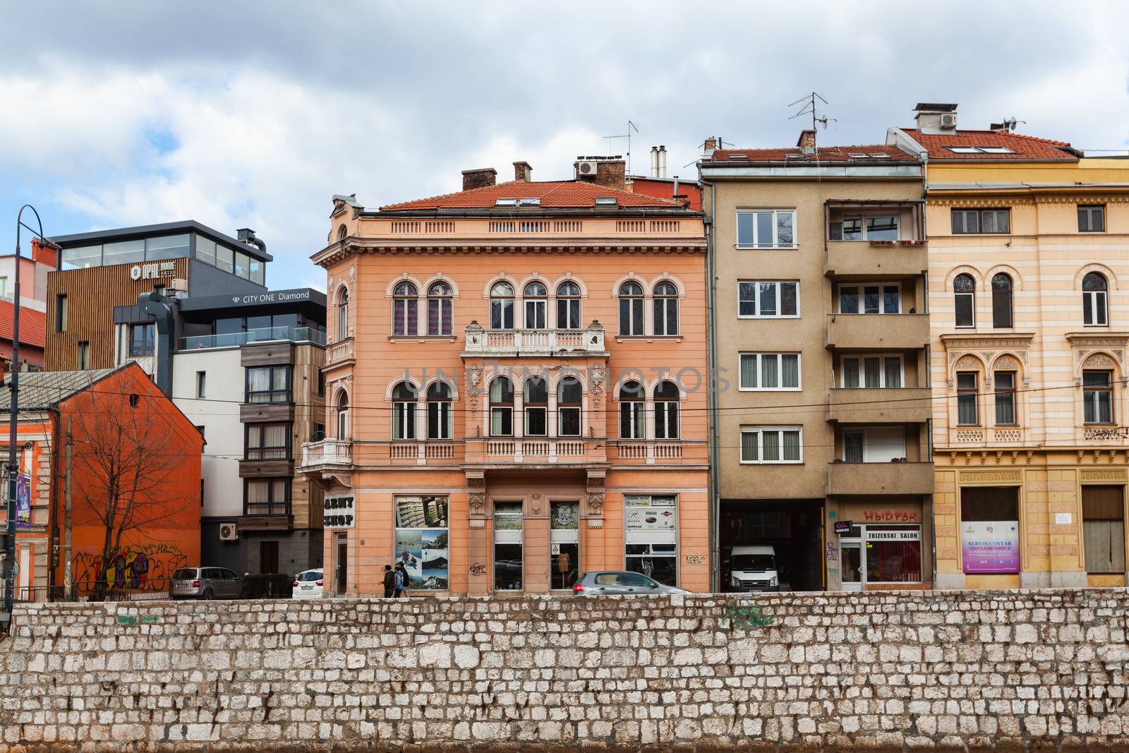 Sarajevo, Bosnia and Herzegovina - 27 February 2019: Obala Kulina bana, architecture of Sarajevo