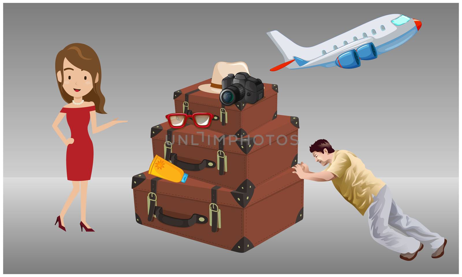 girl is ready to travel and her servant is taking care of her luggage