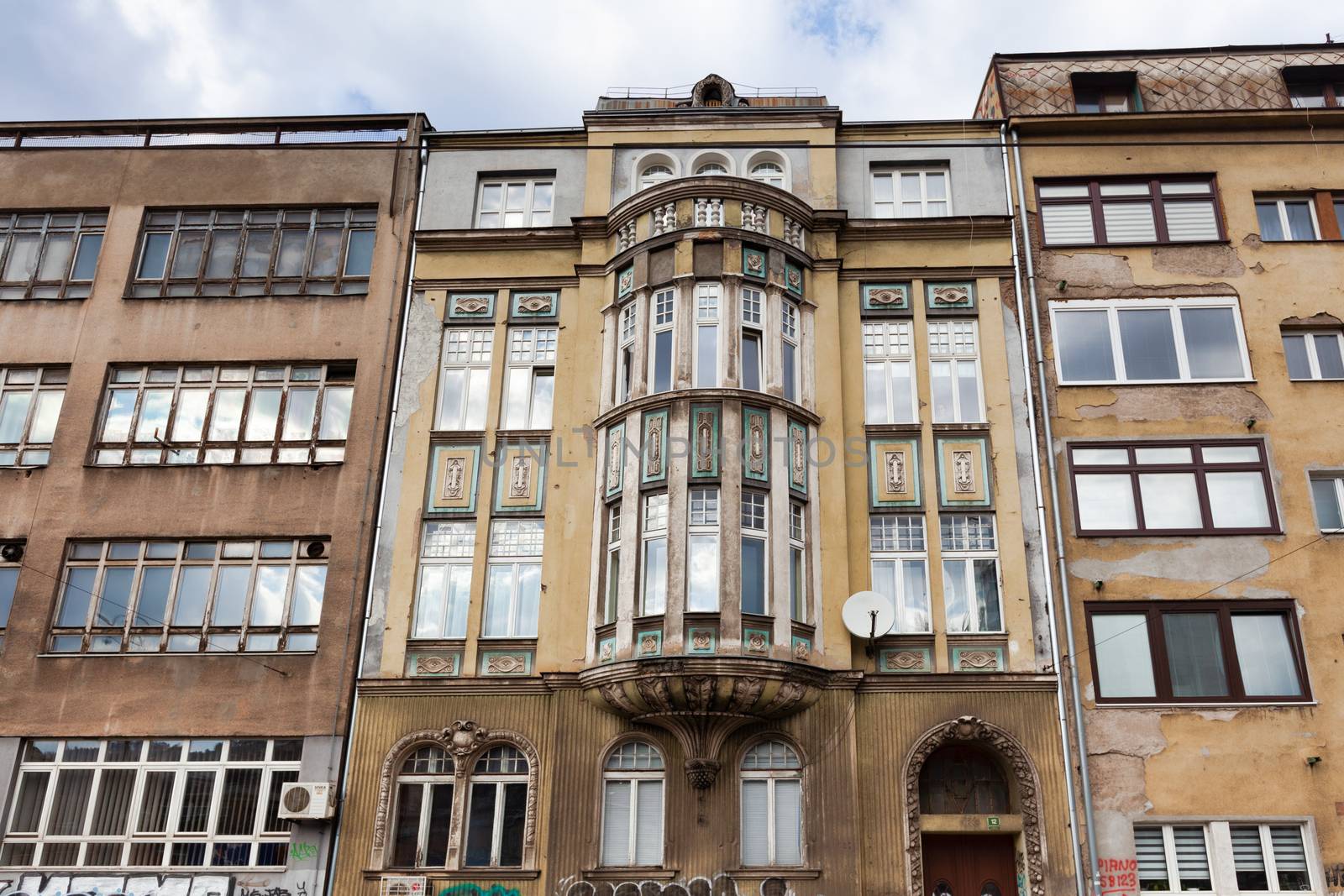 Sarajevo, Bosnia and Herzegovina - 27 February 2019: Obala Kulina bana, architecture of Sarajevo art nouveau facade