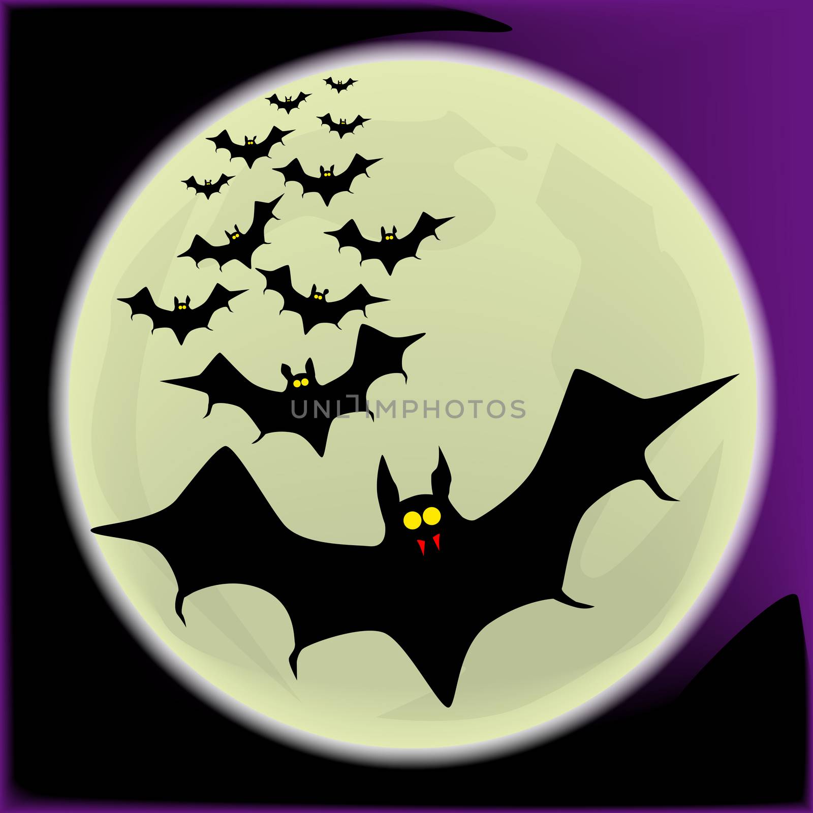 Vampire bats flying in formation across the fall moon.